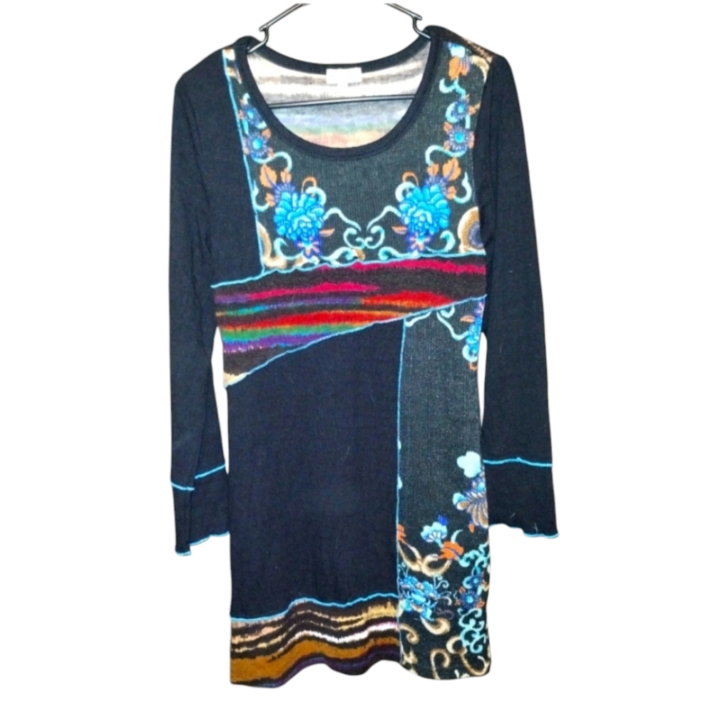 Adore black and turquoise floral long sleeve dress size small